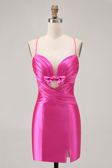 Fuchsia Cut Out Pleated Tight Cocktail Dress with Bow